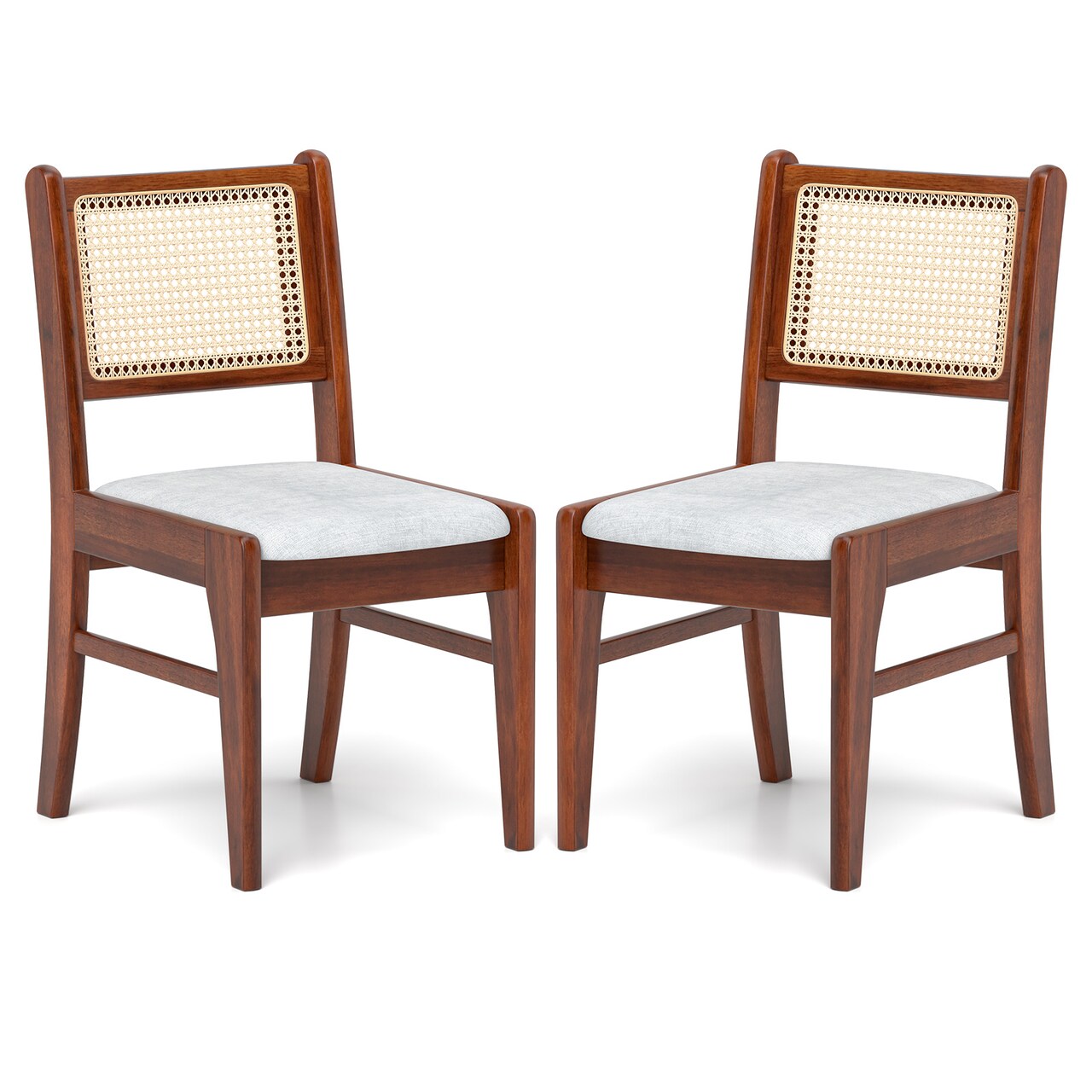 Set of 2 Rattan Back Dining Chairs with Padded Seats and Wooden Frame for Kitchen or Dining Room